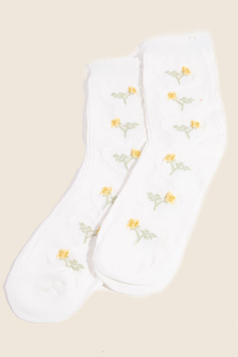 Yellow Embroidered Flowers White Socks