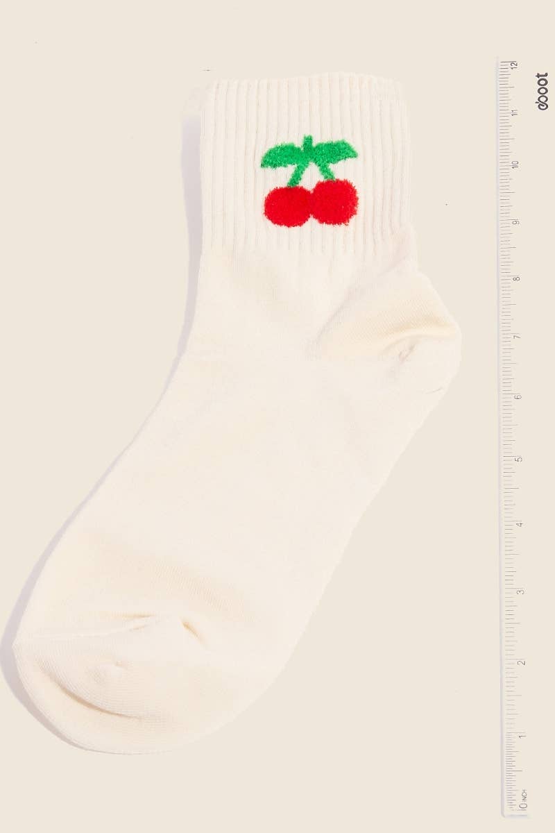Cherry Embroidered Beige Socks