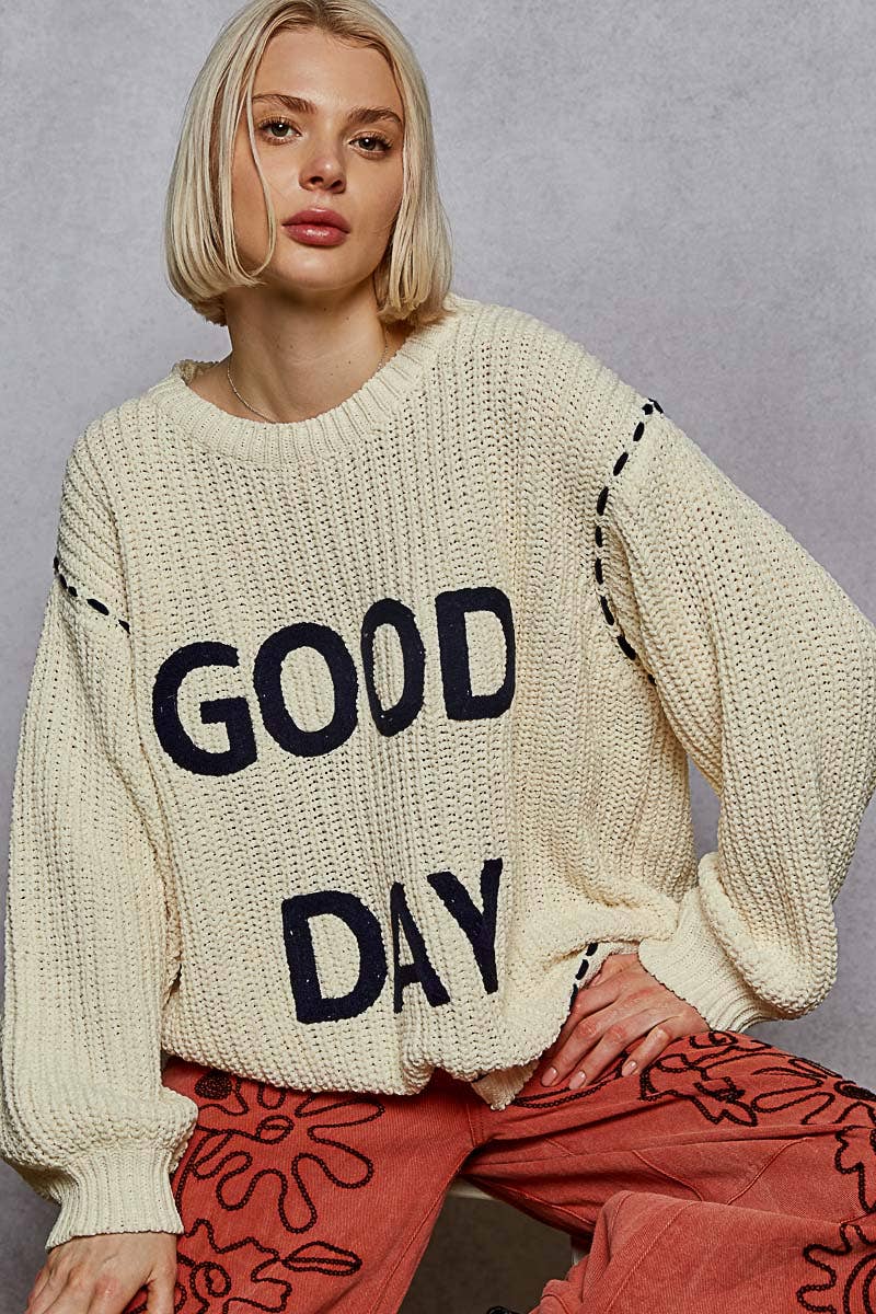 Round neck lettering detail solid knit chenille sweater top