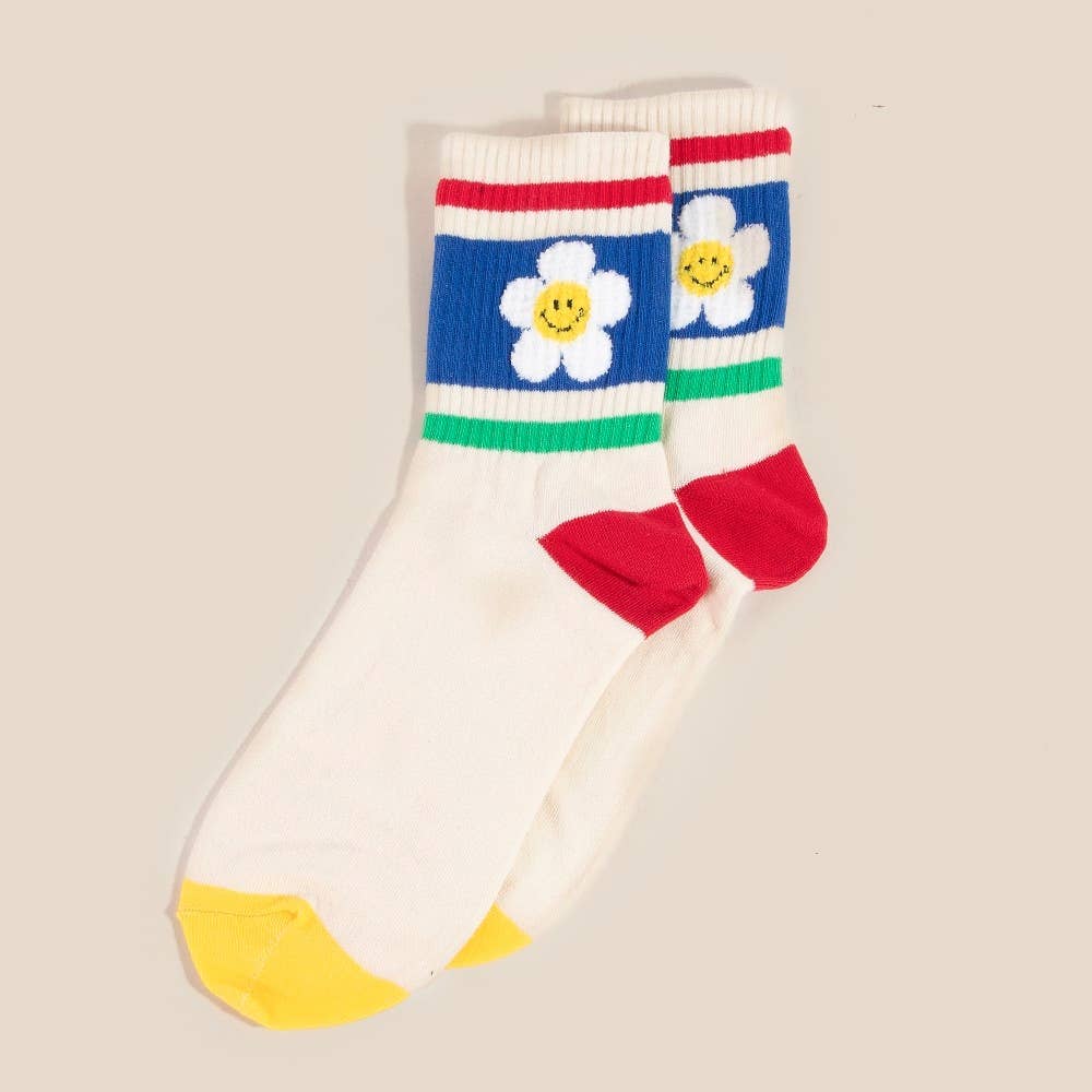 Floral Rainbow Striped Happy Face Socks