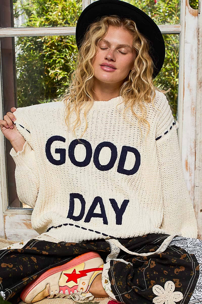 Round neck lettering detail solid knit chenille sweater top