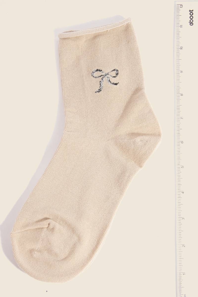 Sparkling Ribbon Bow Engraved Beige Socks