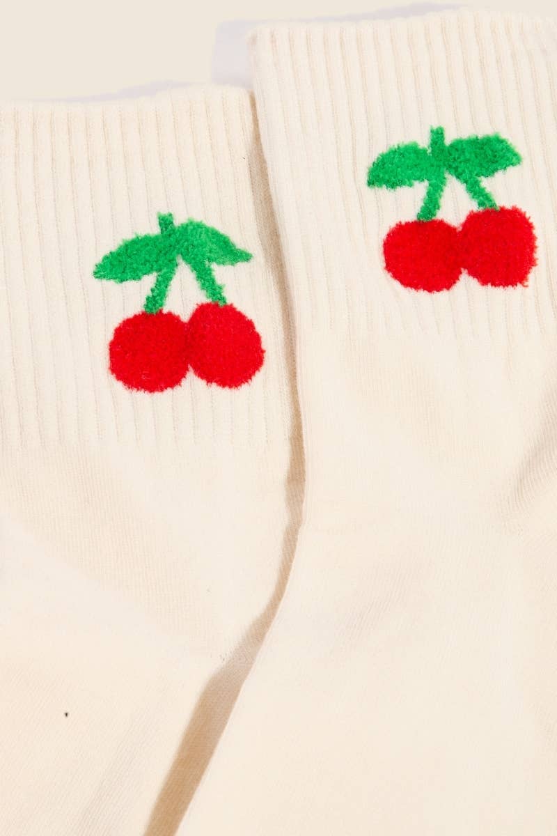 Cherry Embroidered Beige Socks