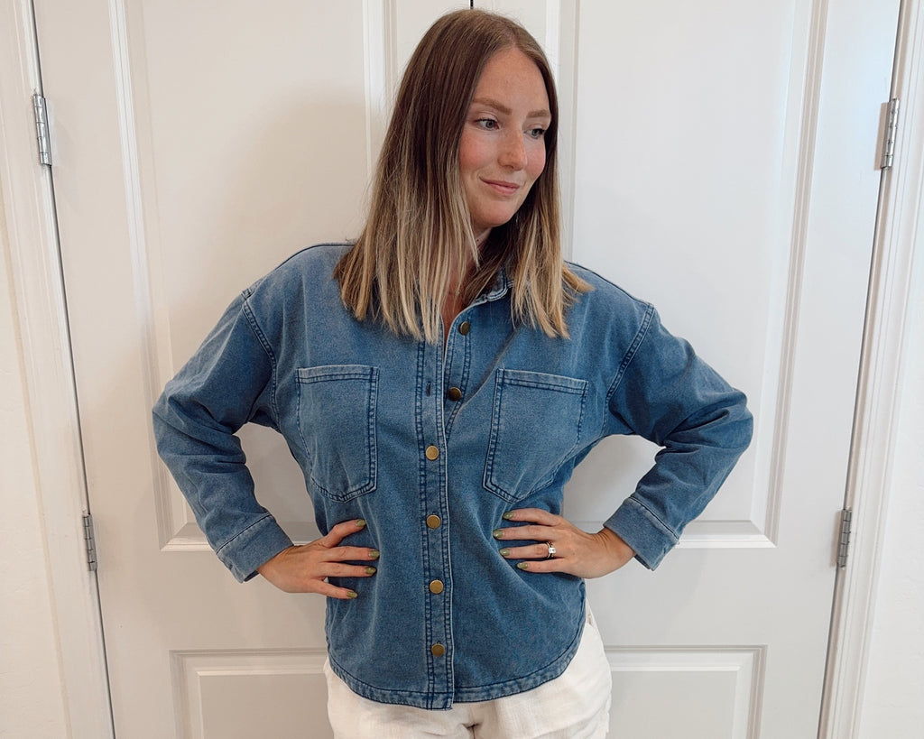 Washed Knitted Button Down Front Shirt Jacket