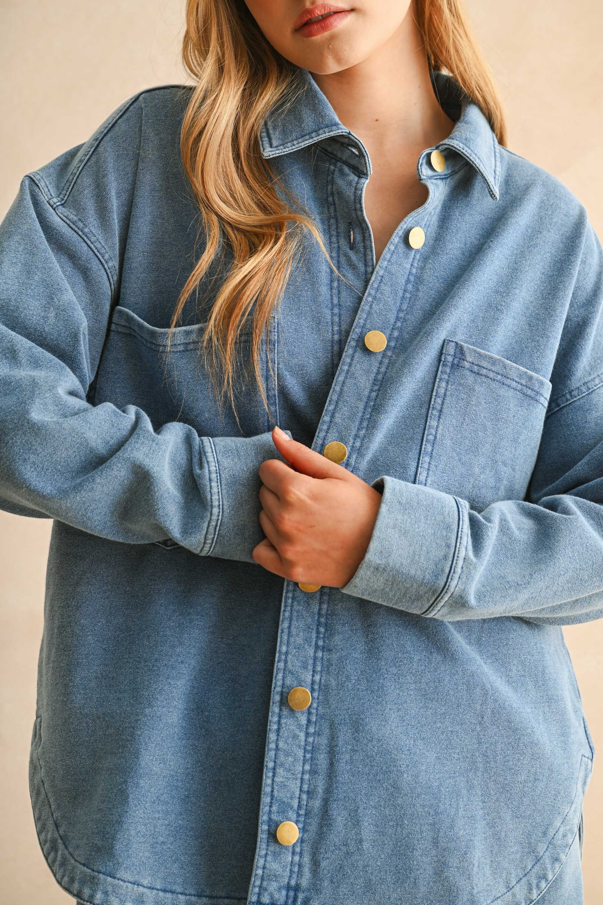 Washed Knitted Button Down Front Shirt Jacket