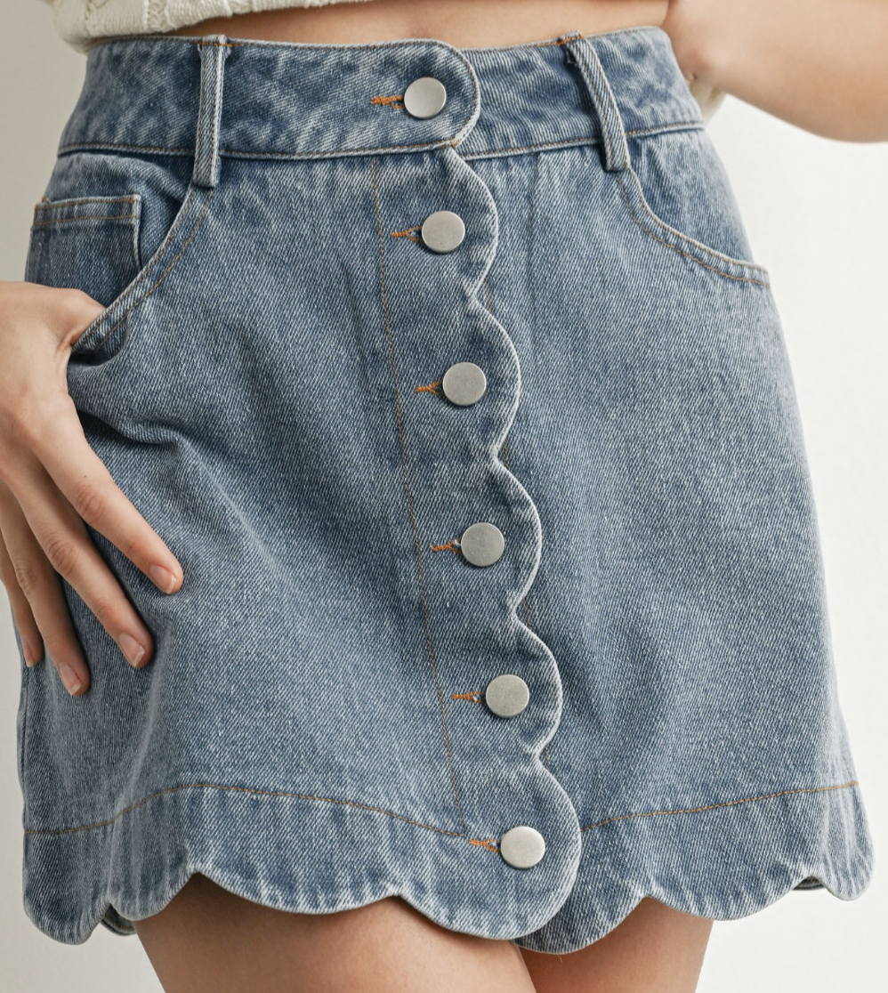 Button Scalloped Denim Skirt