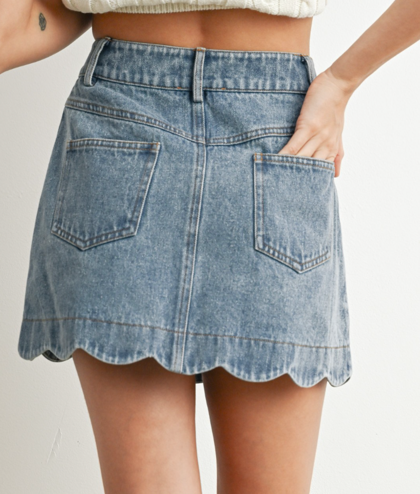 Button Scalloped Denim Skirt