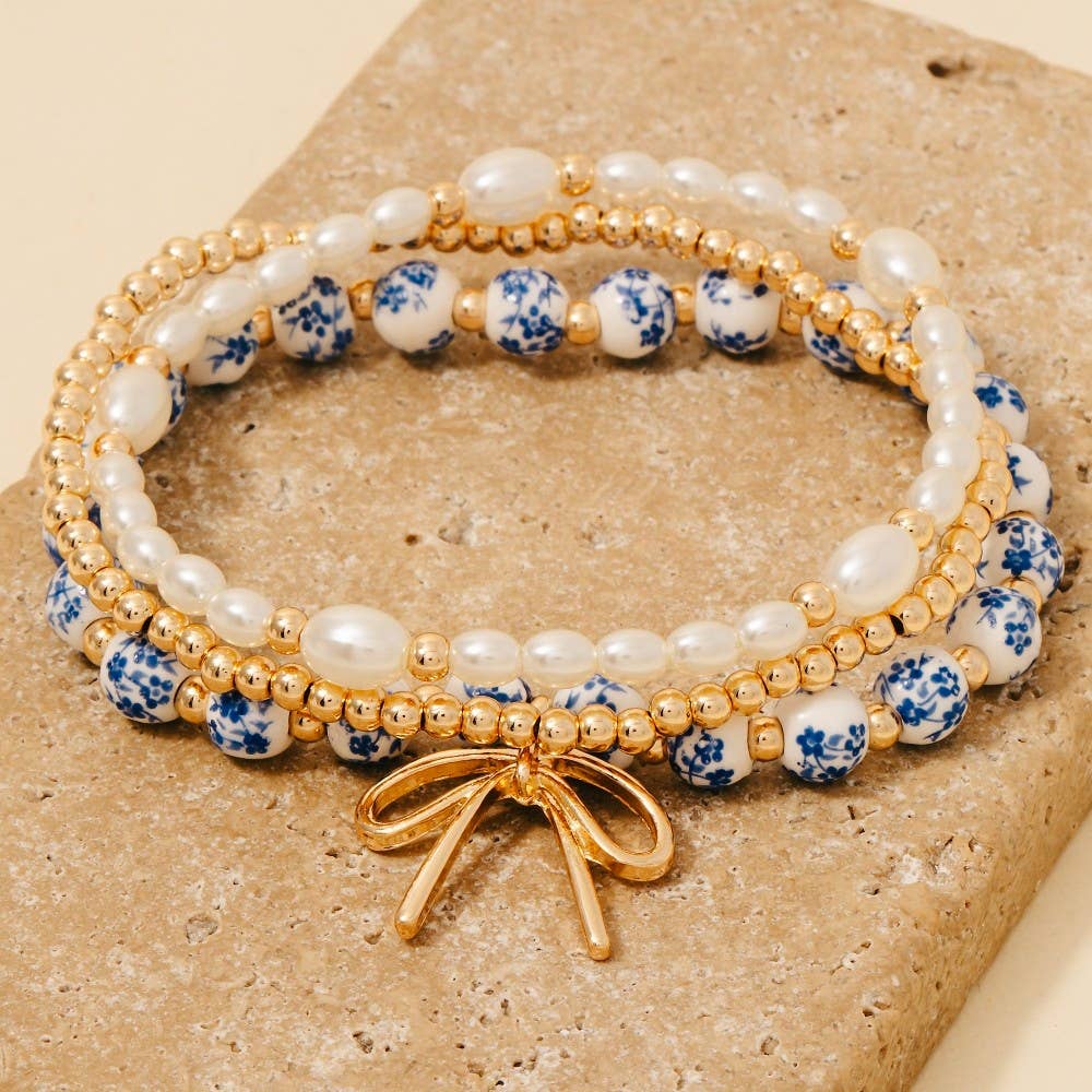 Bow Charm Blue Floral Ceramic Beaded Bracelet Set