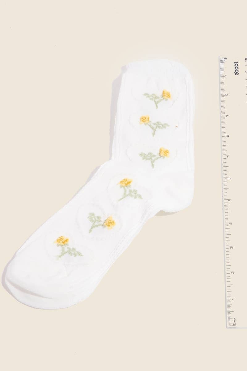 Yellow Embroidered Flowers White Socks
