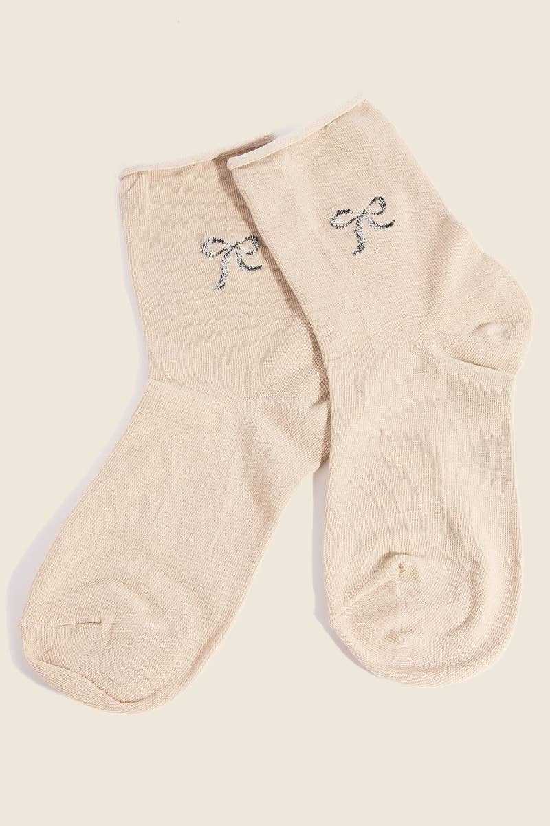 Sparkling Ribbon Bow Engraved Beige Socks