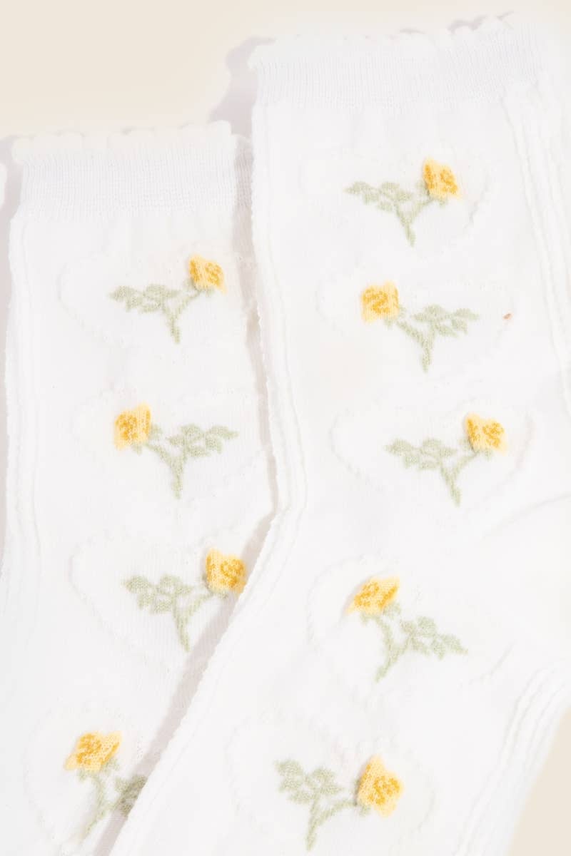 Yellow Embroidered Flowers White Socks