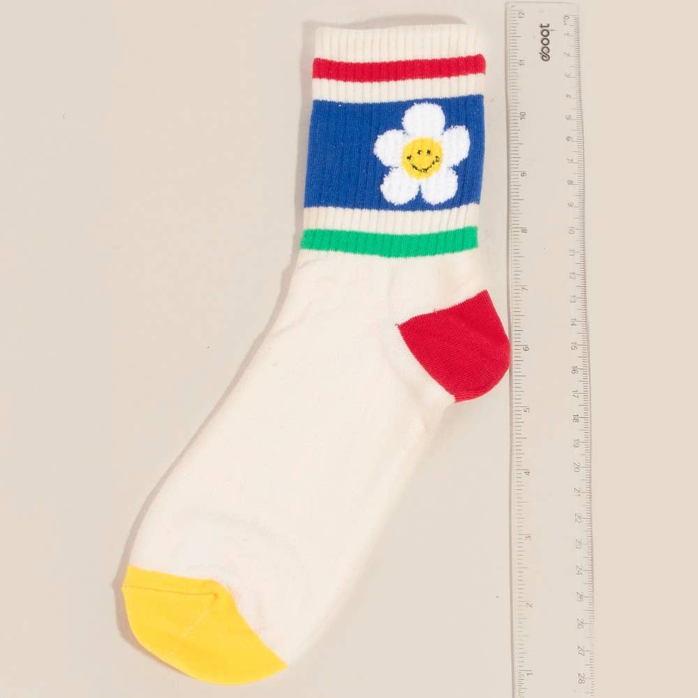 Floral Rainbow Striped Happy Face Socks